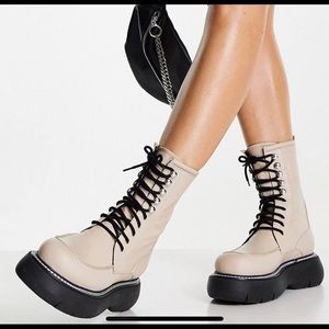 Topshop chunky lace up boots in off white